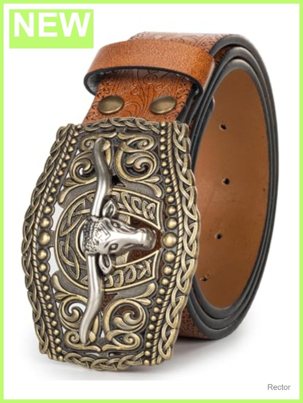 Western PU-Leather Cowboy Belt with Engraved Floral Longhorn Buckle